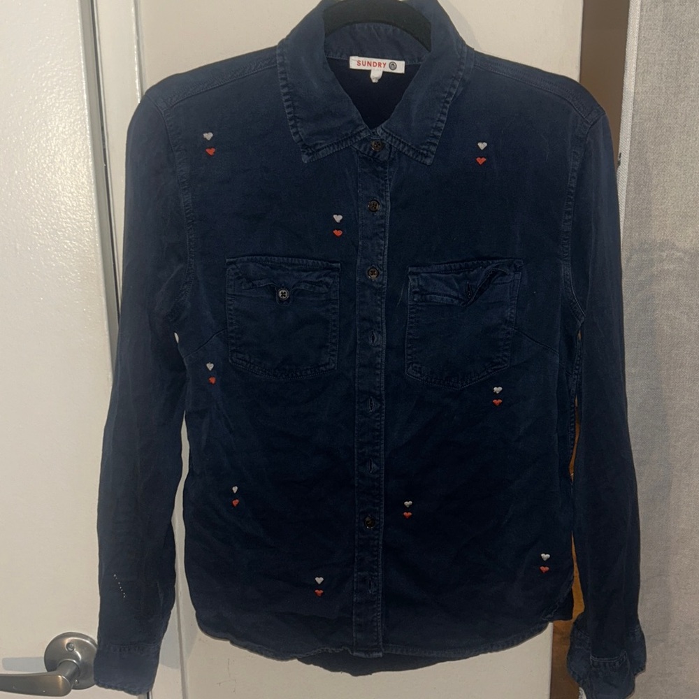 Sundry Navy Button-Up Shirt with Tiny Heart Embroidery
